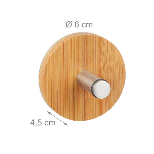 Set 4 Self-adhesive Hooks Made Bamboo Wood Stainless Steel