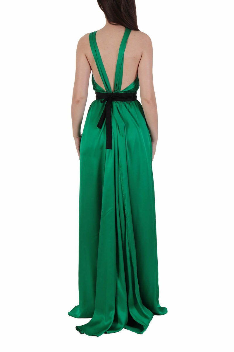 Pinko Rochie Maxi de Seară din Satin cu Deschizătură Verde