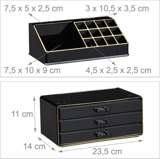 Relaxdays Kosmetikorganisator mit 3 Schubladen Schwarz 23,5x19x14cm