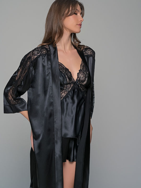 Milena by Paris Καλοκαιρινή Γυναικεία Σατέν Ρόμπα με Πιτζάμα Μαύρο
