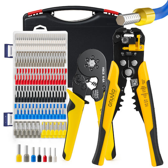 Onuvio Elektrisches Kabel-Crimp-Set Aderendhülsen Automatisches Abisolierwerkzeug Crimpwerkzeug 6 selbstjustierende Backen Automatische Rückkehr 0,25-6 mm 1900 Anschlussstifte