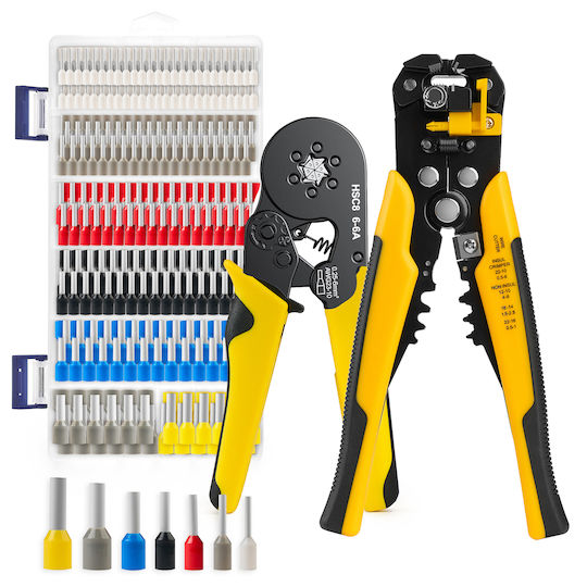 Onuvio Elektrisches Kabel-Crimp-Set Aderendhülsen Automatisches Abisolierwerkzeug Crimpwerkzeug 6 selbstjustierende Backen Automatische Rückkehr 0,25-6 mm 1900 Anschlussstifte