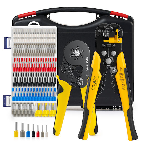 Onuvio Elektrisches Kabel-Crimp-Set Aderendhülsen Automatisches Abisolierwerkzeug Crimpwerkzeug 6 selbstjustierende Backen Automatische Rückkehr 0,25-6 mm 1900 Anschlussstifte
