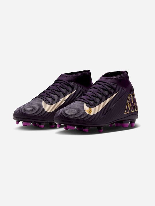 Ghete de Fotbal pentru Copii cu Glezna Înaltă Mercurial Superfly 10 Club "Kylian Mbappé" cu Crampoane și Șosetă Grand Violet / Fildeș Pal