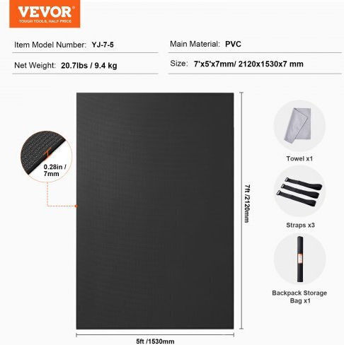 Vevor Exercise Mat Black with Carry Strap (213.36x152.4cm)