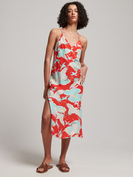 Summer Midi Slip Dress with Tearing Red