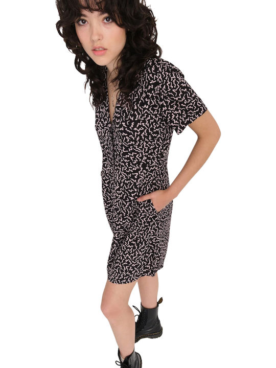 Stormy Tropix Sommer Mini Hemdkleid mit Rüschen Schwarz
