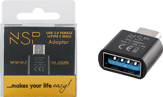 NSP Конвертор USB-C мъжки към USB-A женски Черен 1бр