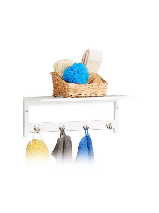 Wall Shelf Hallway 4 Hooks Relaxdays White Made Bamboo 17.5 X 50 X 16 Cm