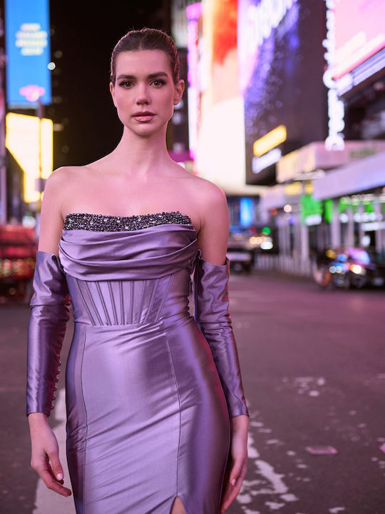 Maxi Evening Satin Dress with Tearing Purple