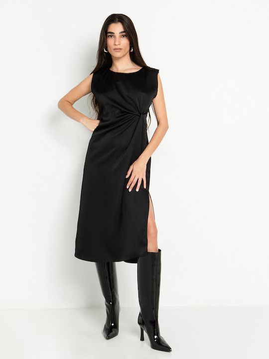 Summer Midi Evening Satin Drape Dress with Tearing Black