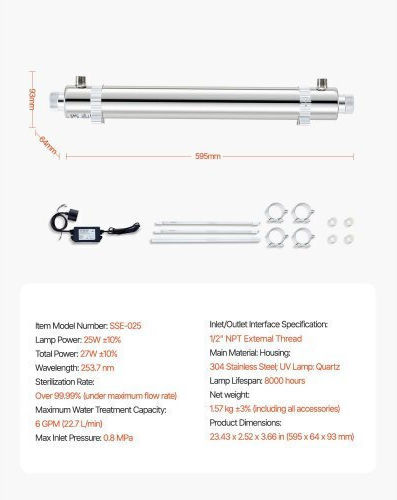 Ултравиолетов воден филтър Vevor 220v 25w 6gpm Sjhxtuv25w6gbe9k5v2