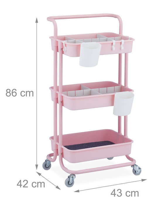 Relaxdays Τρόλεϊ Κουζίνας Μεταλλικό 3 Θέσεων Ροζ 43x42x86cm
