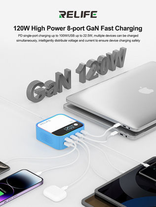 Relife Suport de Încărcare GaN cu 4 Porturi USB-A și 4 Porturi USB-C 120W Livrarea energiei în culoarea Albastru (Q2)