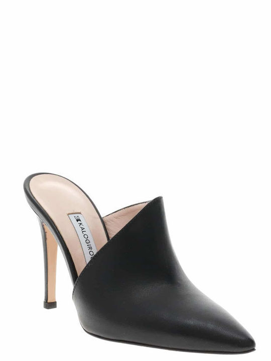 Leather Mules with High Heel in Black Color
