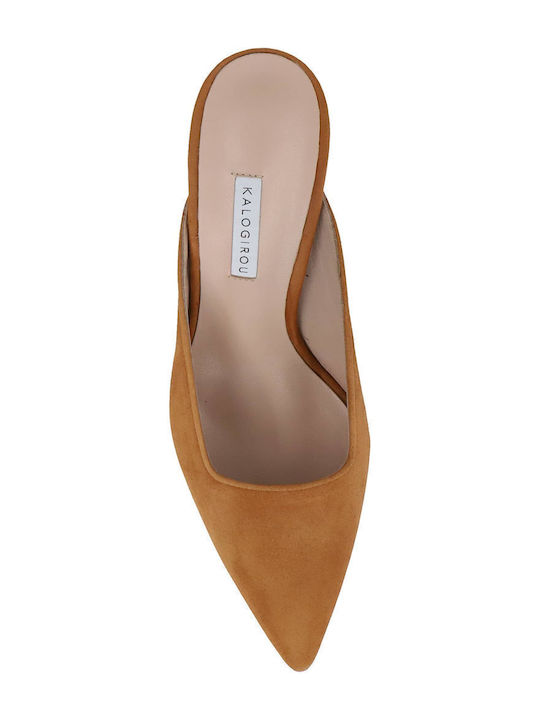 Suede Mules με Ψηλό Τακούνι σε Ταμπά Χρώμα