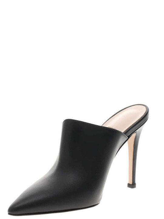 Leather Mules with High Heel in Black Color