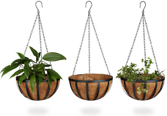 Set 3 Coșuri Suspendate pentru Flori din Fibră de Cocos, Diametru 30cm Relaxdays
