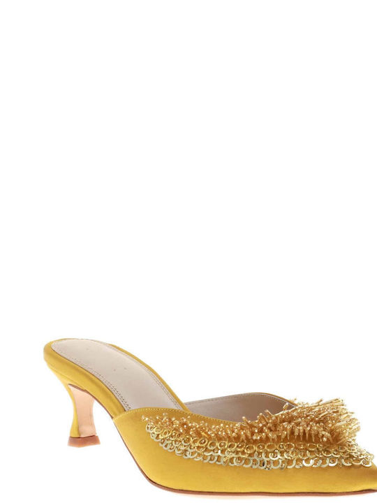 Satin Mules with Low Heel in Yellow Color