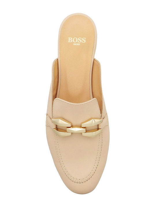 Flat Leather Mules in Ecru Color