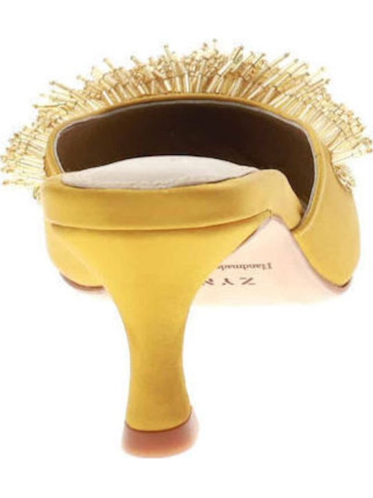 Satin Mules with Low Heel in Yellow Color