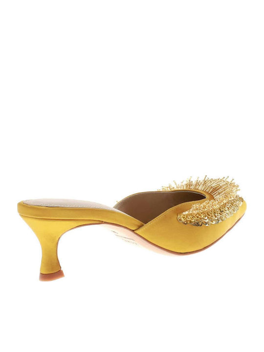 Satin Mules with Low Heel in Yellow Color