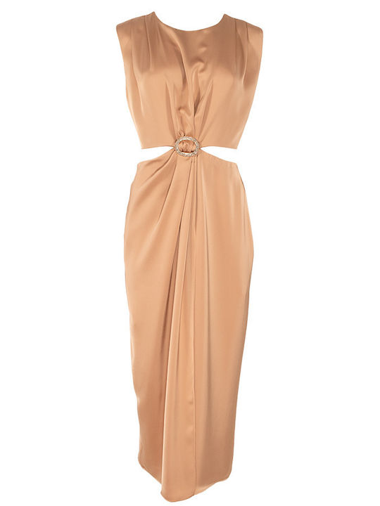 Summer Midi Evening Satin Dress with Tearing Bronze