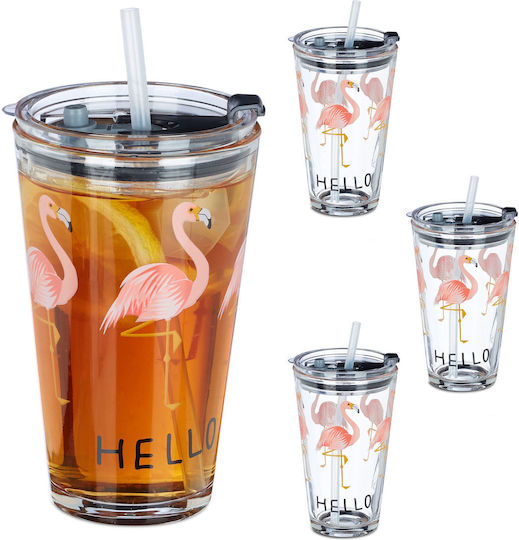 Relaxdays Set Pahare Pentru Apă Din Sticlă Cu Pai 450ml 4 Bucăți