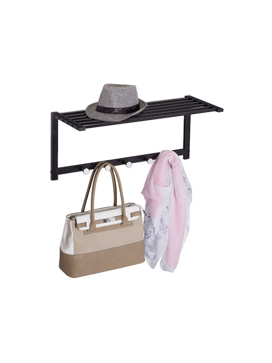 Cuier de perete cu raft, 5 cârlige, din oțel, dimensiuni 28 x 65 x 25 cm, negru, Relaxdays