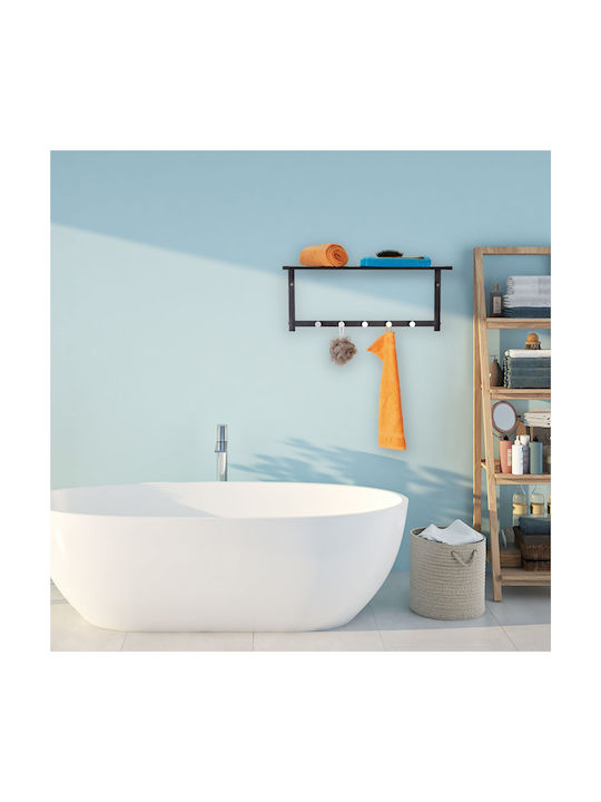 Cuier de perete cu raft, 5 cârlige, din oțel, dimensiuni 28 x 65 x 25 cm, negru, Relaxdays