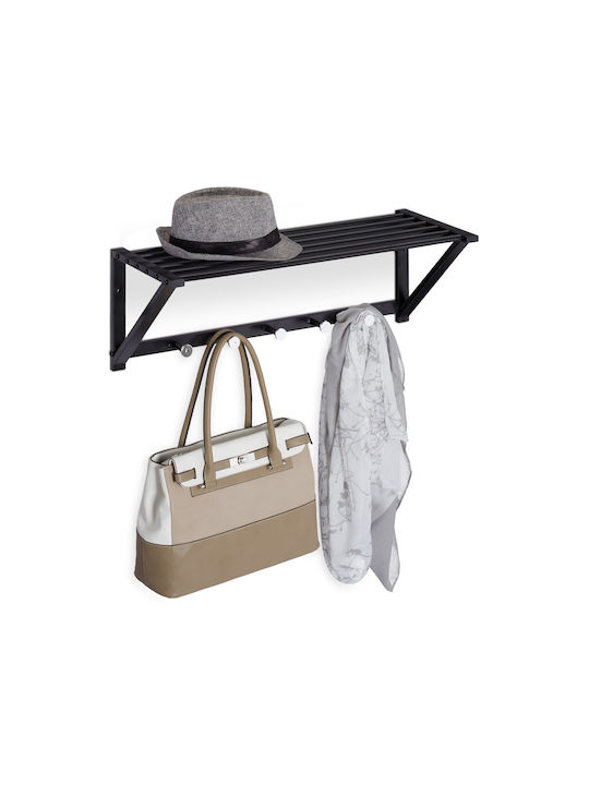 Cuier de Perete cu Raft 5 Cârlige din Oțel Dimensiuni 23 X 65 X 25 Cm Negru Relaxdays