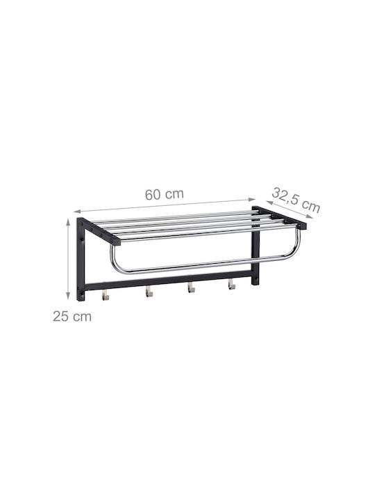 Cuier de Perete cu Raft 4 Cârlige din Oțel Dimensiuni 25 X 60 X 32.5 Cm Negru Argintiu Relaxdays