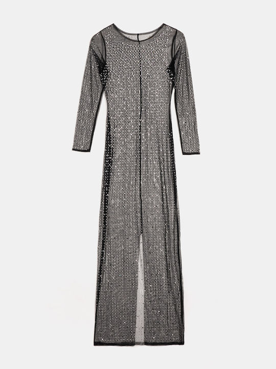 Φόρεμα Maxi See Through Strass Μαύρο Μαύρο