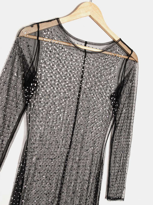 Φόρεμα Maxi See Through Strass Μαύρο Μαύρο