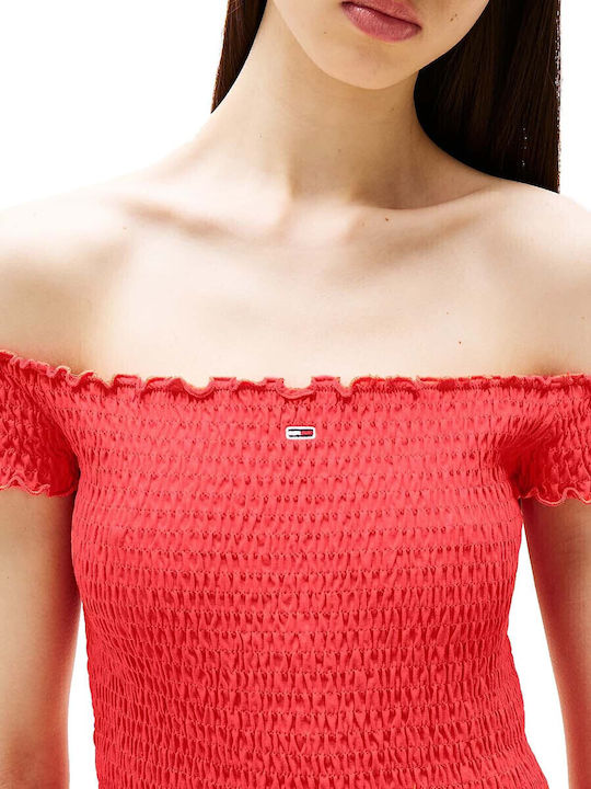 Summer Mini Knitted Dress Bright Vermillion Red
