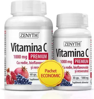 Zenyth Vitamina C pentru Întărirea Sistemului Imunitar, Pielea & Acțiune Antioxidantă 1000mg Rodie 90 capace