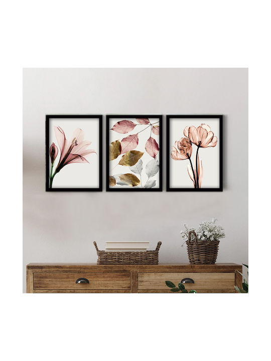 Megapap Pink Flowers Τρίπτυχος Πίνακας Πλαστικός 35x45cm