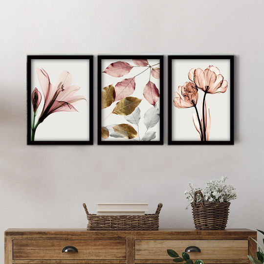 Megapap Pink Flowers Dreifach Gemälde Kunststoff 35x45cm