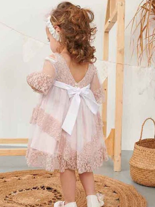 Bonito Baby Розов Комплект Кръщелни Дрехи с Аксесоари за коса & Рокля от Тюл 2бр