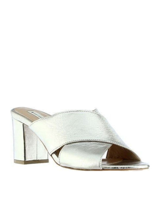 Leder Mules mit Absatz in Silber Farbe