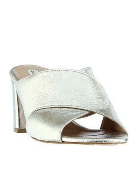 Leder Mules mit Absatz in Silber Farbe