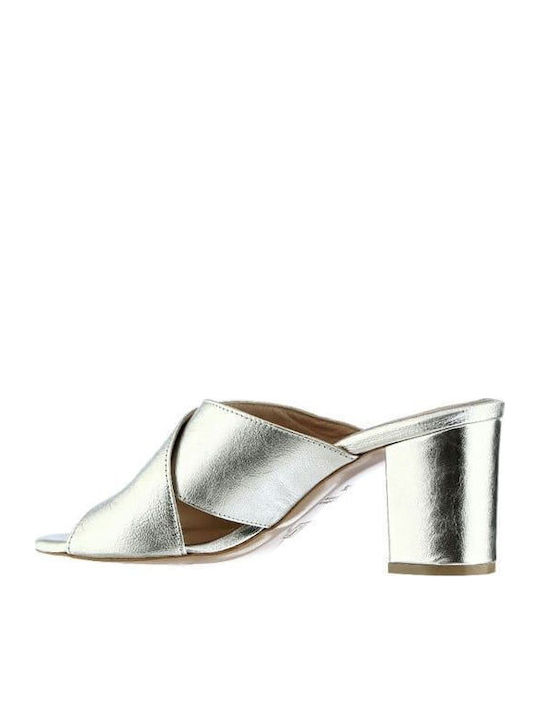 Leder Mules mit Absatz in Silber Farbe