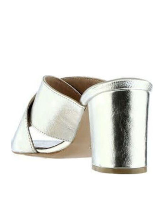 Leder Mules mit Absatz in Silber Farbe