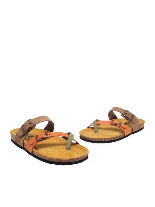 Leather Women's Flat Sandals Brown-Orange-Lime