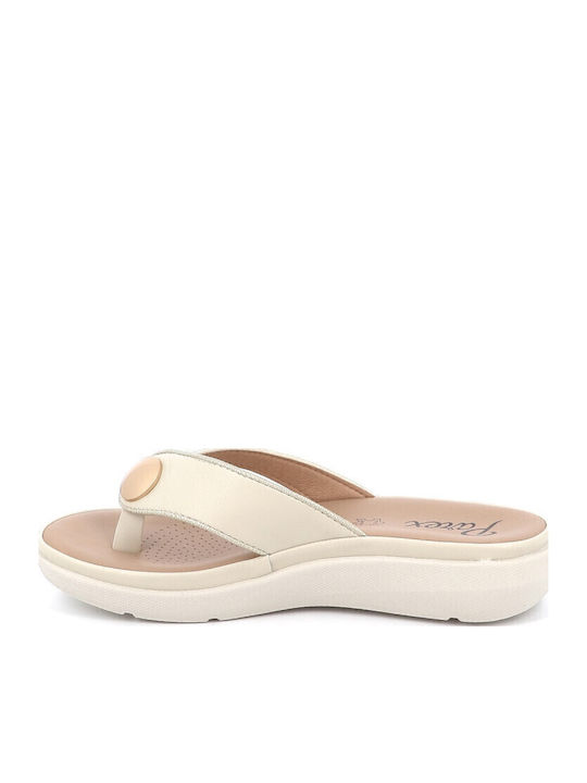 Leder Flache Sandalen für Damen in Ecru Farbe