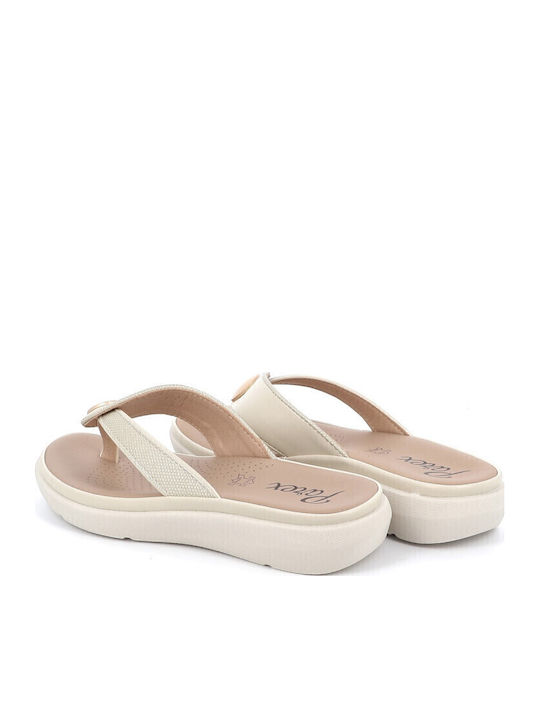 Leder Flache Sandalen für Damen in Ecru Farbe