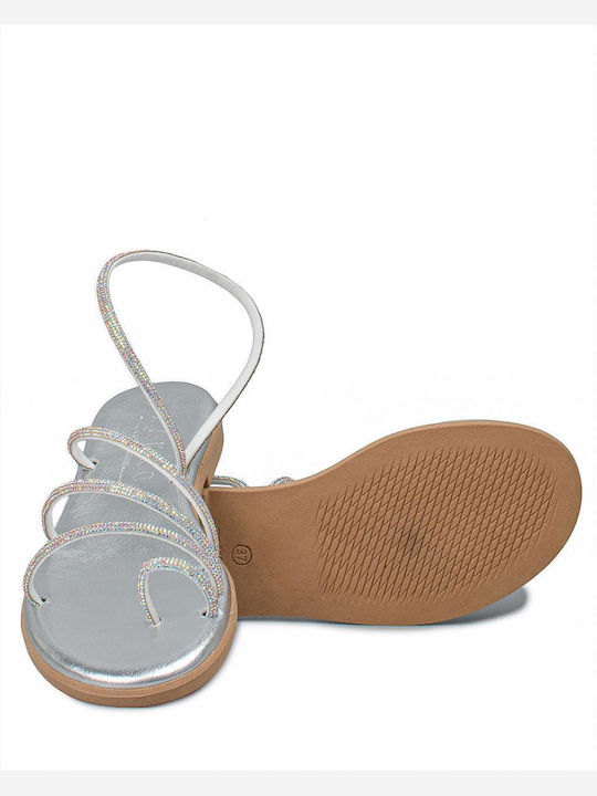 Leather Women's Flat Sandals in Silver Color