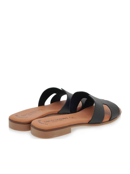Leather Women's Flat Sandals in Black Color