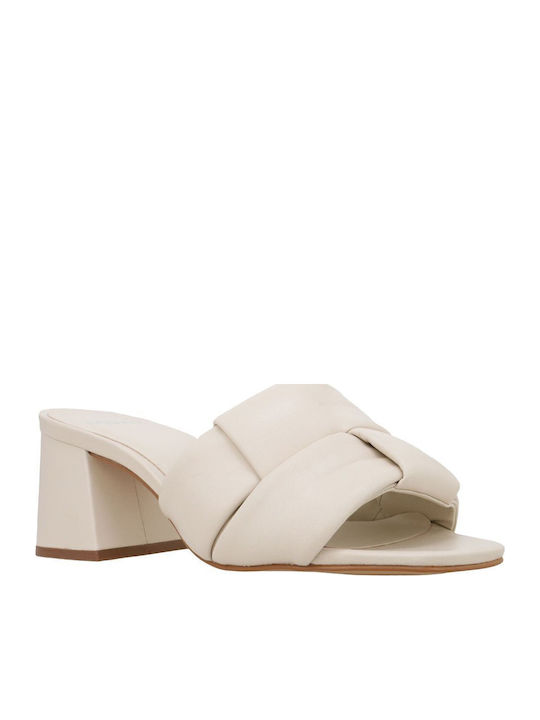 Leather Mules with Chunky High Heel in Ecru Color