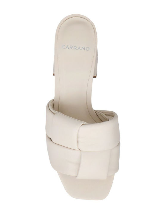Leather Mules with Chunky High Heel in Ecru Color